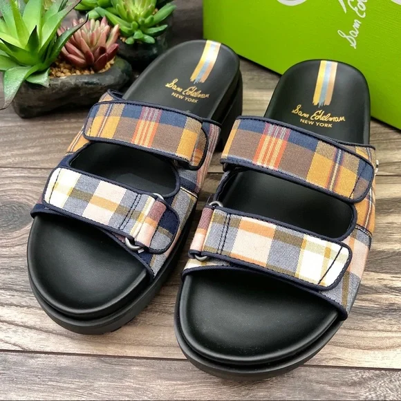 NIB Sam Edelman Eliana Two Strap Lug Sole Slide Sandal Mustard Plaid